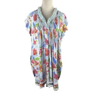 Tolani 100% Modal Floral Tunic Top M Multicolor Boho Smocked Fringe Trim Peasant